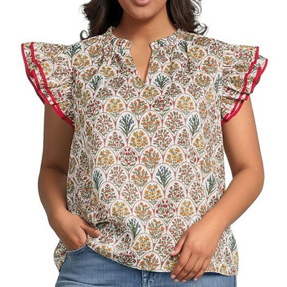 Sugarlips Floral Print Flutter Sleeve Top - Red Trim